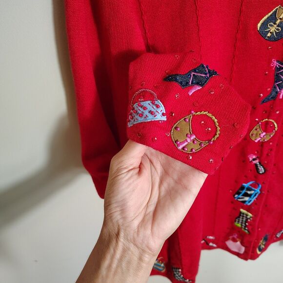 Vtg Berek 2 Sweater Cardigan Red Embellished Purse Shoes Sequins Artsy Size XL - Picture 3 of 13